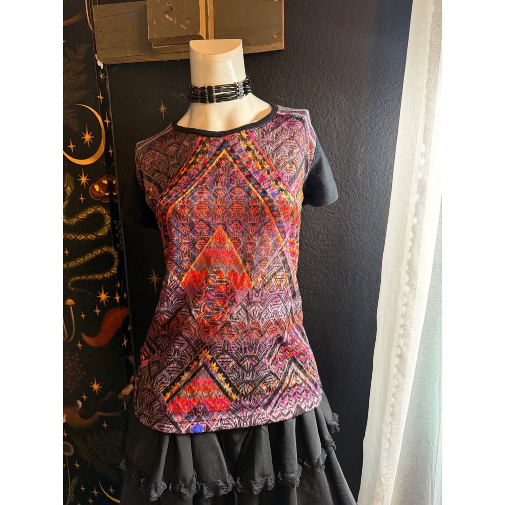 Custo Barcelona Women Geometric Tribal Print Metallic Knit Top Short Sleeve